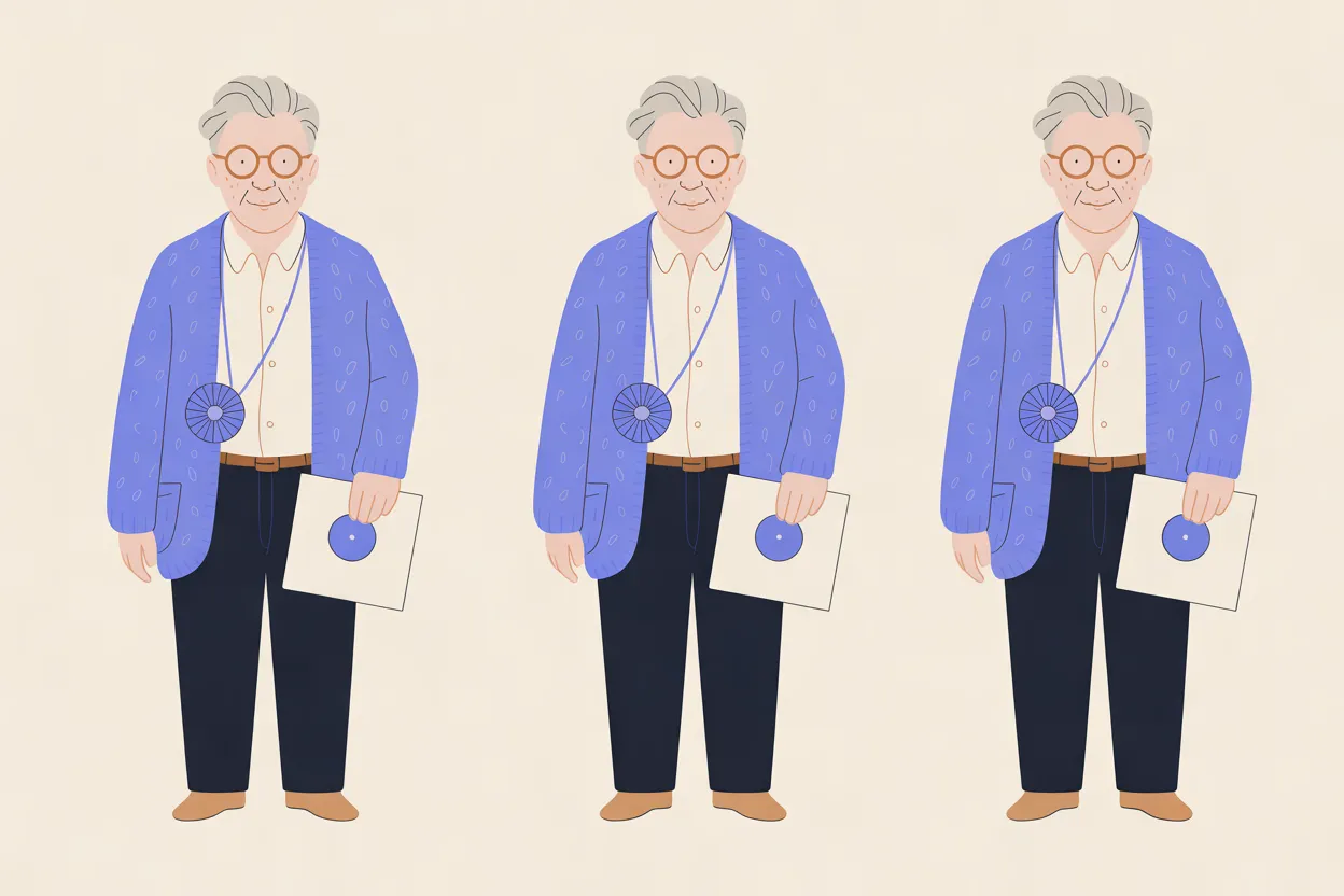 The Selector character sheet on a warm cream background: three identical full-body front views of an older man with gray hair, light freckles and round orange glasses, in a periwinkle cardigan over a cream shirt, dark trousers and tan shoes, a spoked periwinkle disc on a cord around his neck and a record in a cream sleeve at his side. He has the same calm closed-mouth smile in all three.