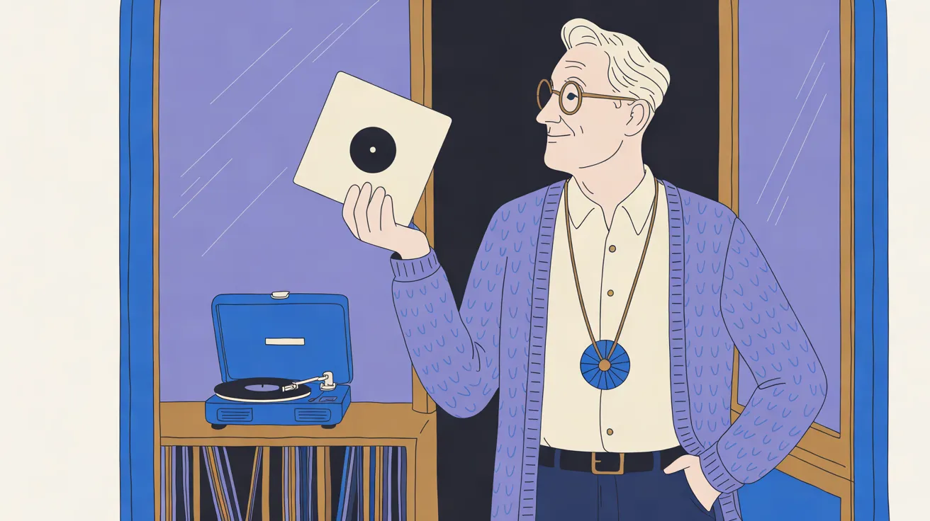 The Selector, an older man with swept-back white hair and round glasses, in a periwinkle cardigan over an open-collared cream shirt, stands in a dark shop doorway at the right, one hand in his trouser pocket, smiling as he holds up a record in a plain cream sleeve and looks at it. A spoked cobalt-blue disc hangs from a cord around his neck. To the left a blue portable record player sits on a wooden shelf of records in front of a periwinkle window, beside a plain cream wall.